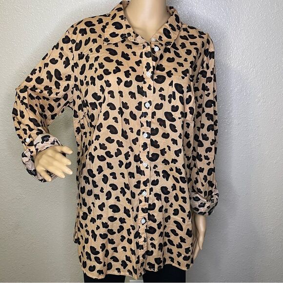 NWT Kim Roger’s Long Sleeve Leopard Print Button Down Shirt Tan Black Size XL - Picture 1 of 11